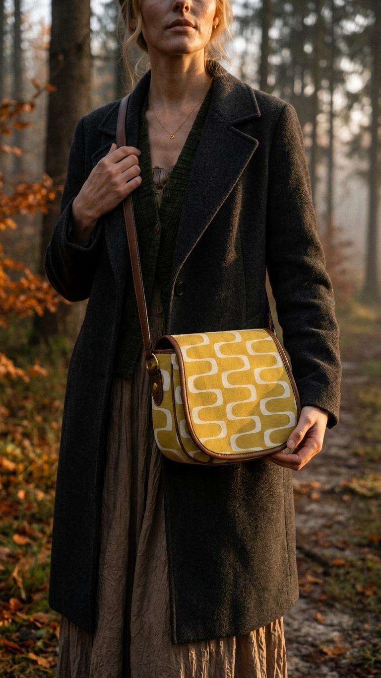 Vintage Saddle Crossbody Bag, Retro Boho Shoulder Purse - Mid-Century Mod Pattern in Mustard