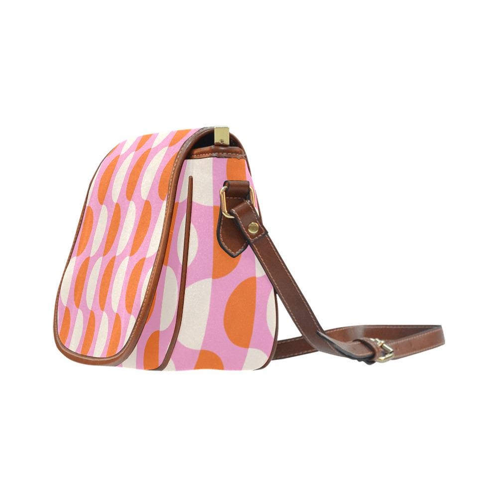 Vintage Saddle Crossbody Bag, Retro Boho Shoulder Purse - Mid-Century Mod Pattern in Pink & Red