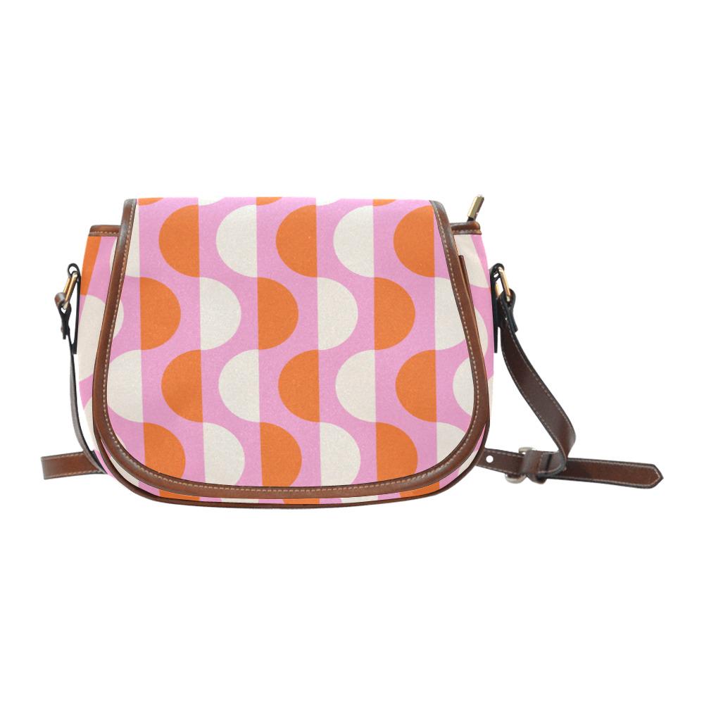 Vintage Saddle Crossbody Bag, Retro Boho Shoulder Purse - Mid-Century Mod Pattern in Pink & Red