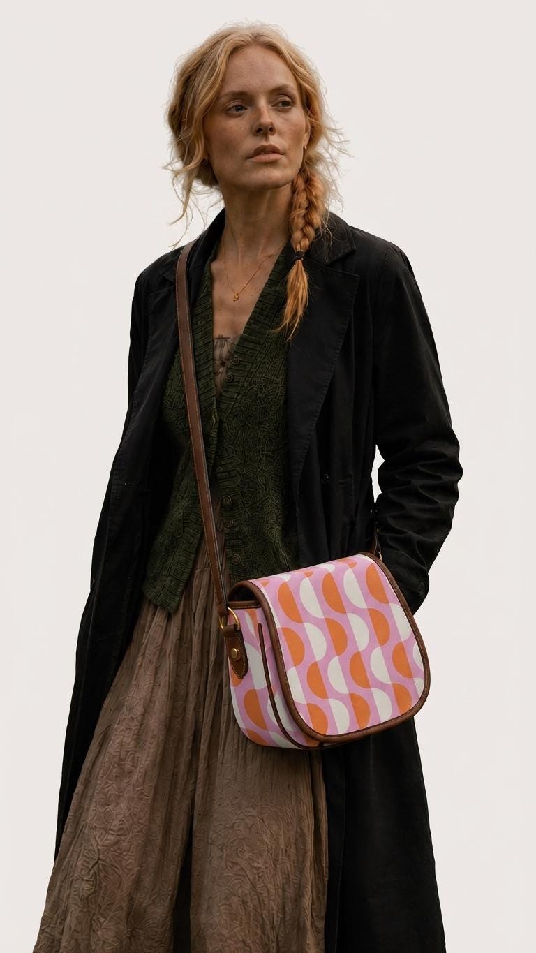 Vintage Saddle Crossbody Bag, Retro Boho Shoulder Purse - Mid-Century Mod Pattern in Pink & Red