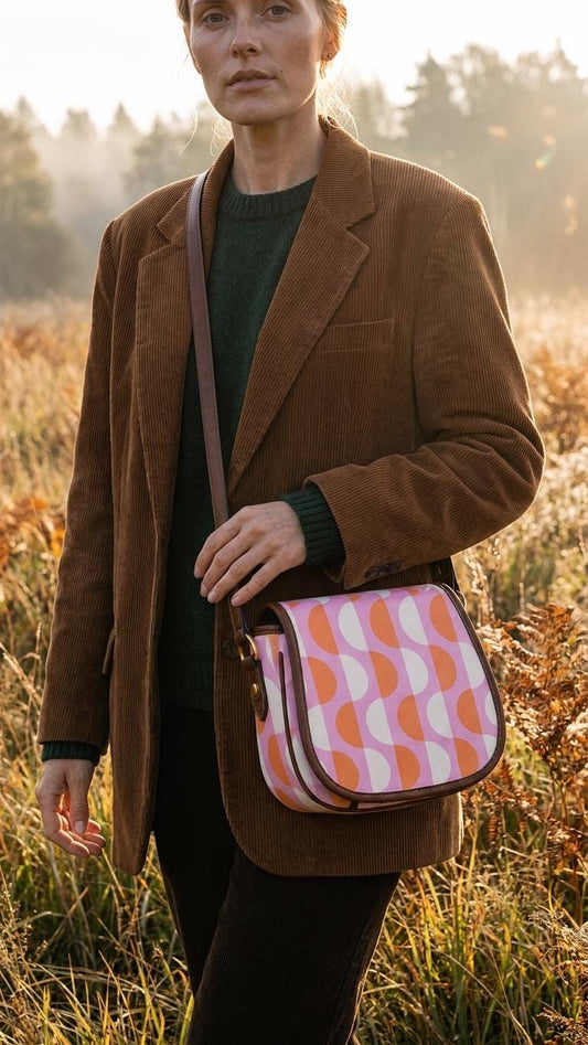 Vintage Saddle Crossbody Bag, Retro Boho Shoulder Purse - Mid-Century Mod Pattern in Pink & Red