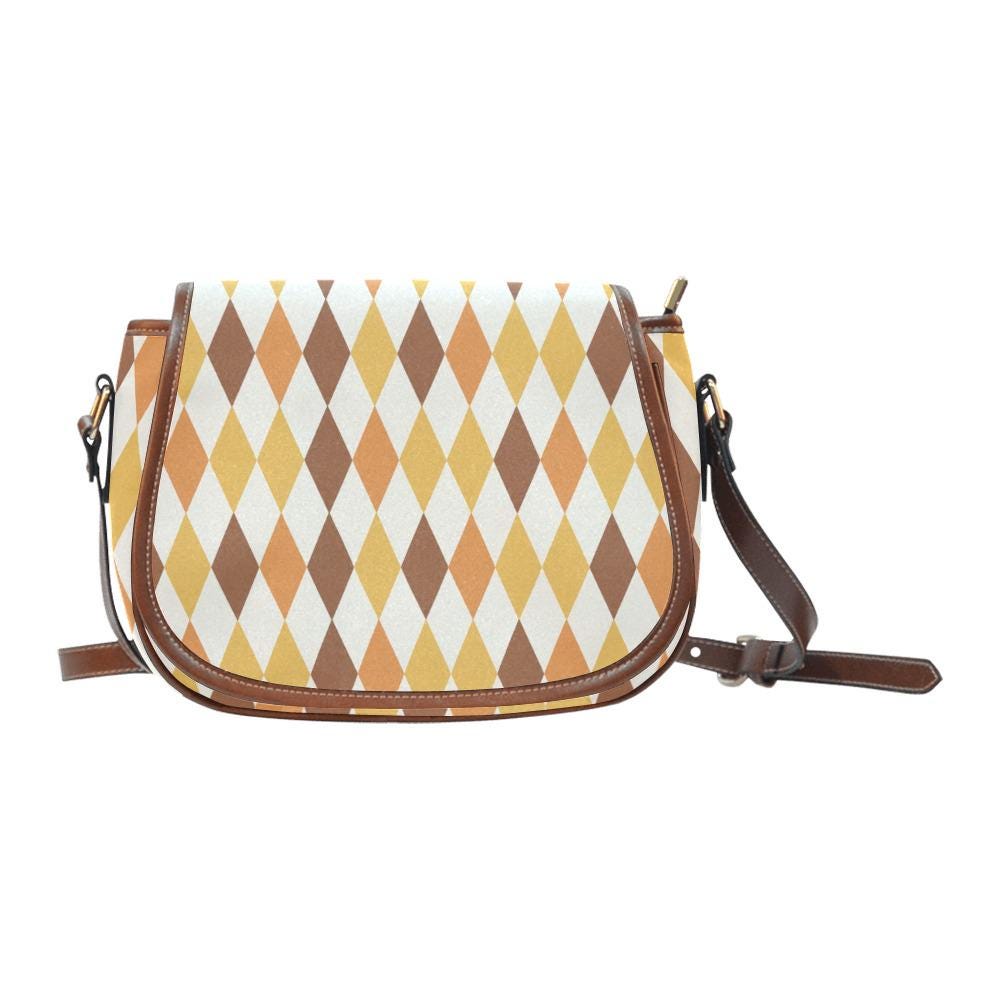 Vintage Saddle Crossbody Bag, Retro Boho Shoulder Purse - Autumnal Argyle
