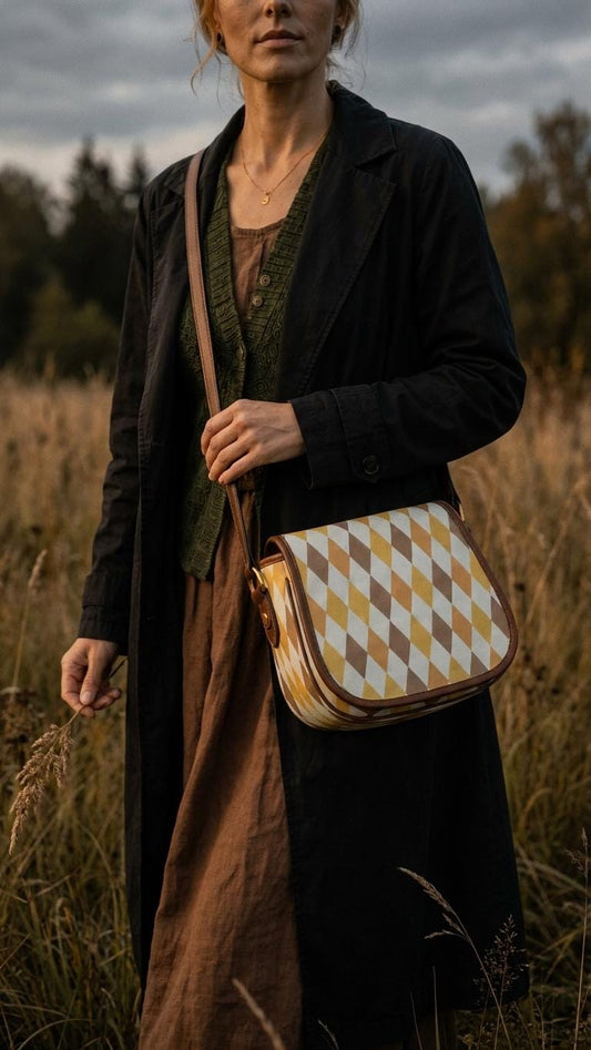 Vintage Saddle Crossbody Bag, Retro Boho Shoulder Purse - Autumnal Argyle