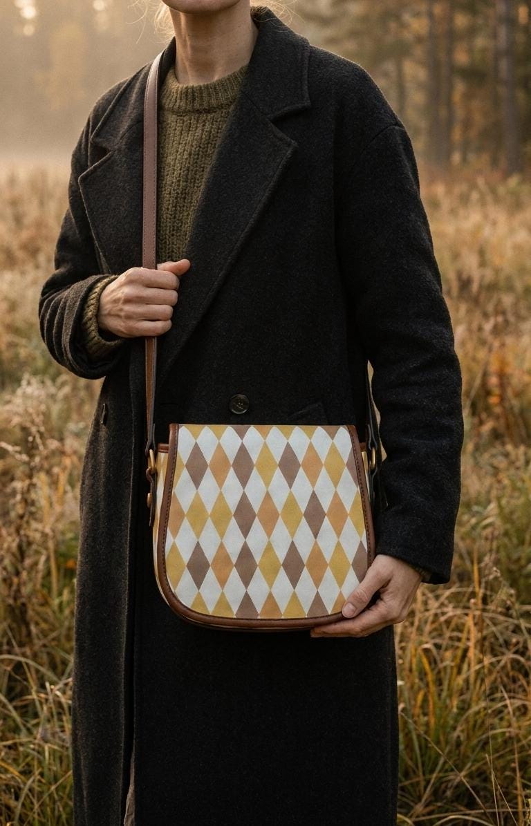 Vintage Saddle Crossbody Bag, Retro Boho Shoulder Purse - Autumnal Argyle