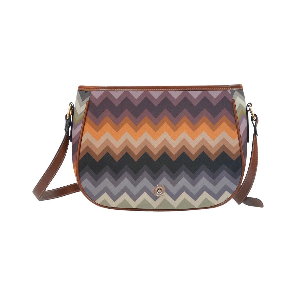 Vintage Saddle Crossbody Bag, Retro Boho Shoulder Purse - Autumnal Chevron