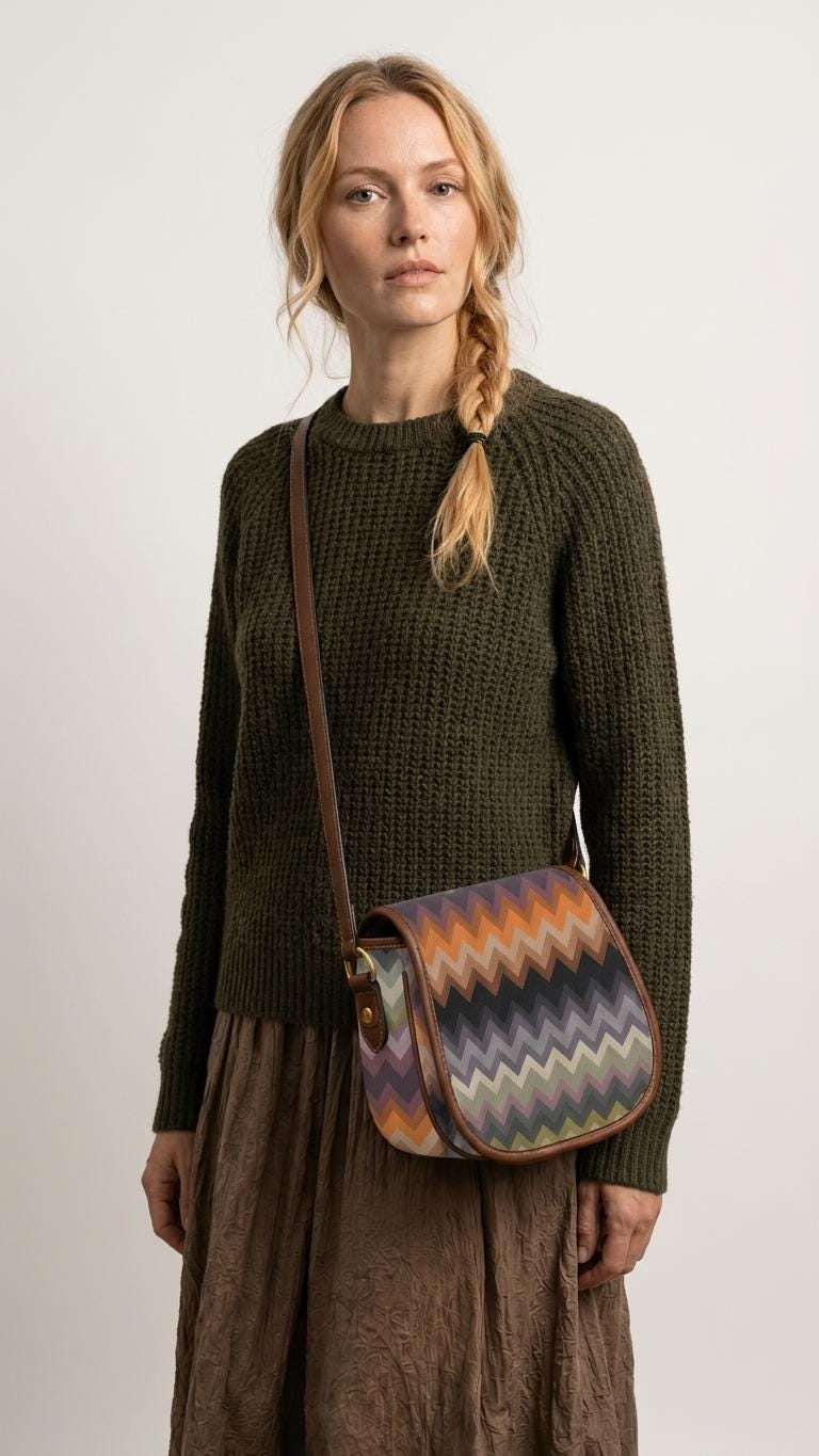 Vintage Saddle Crossbody Bag, Retro Boho Shoulder Purse - Autumnal Chevron