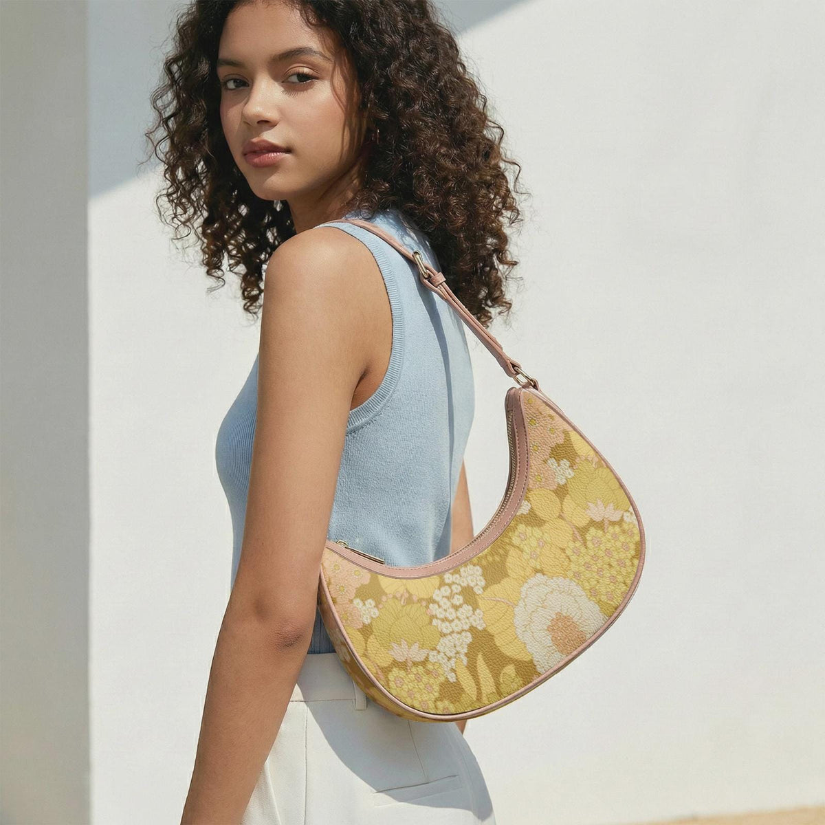 Retro Boho Crescent Underarm Bag - Faded 1970s Memories - Peach