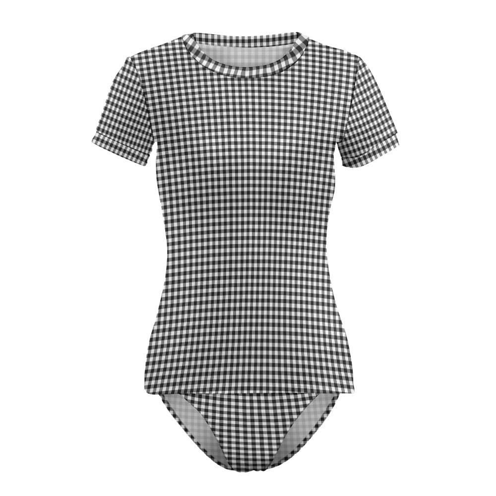Chic Minimalist Tankini – Stylish Short-Sleeve Rash-Guard Swim-Top & Briefs Swimsuit | Black Gingham