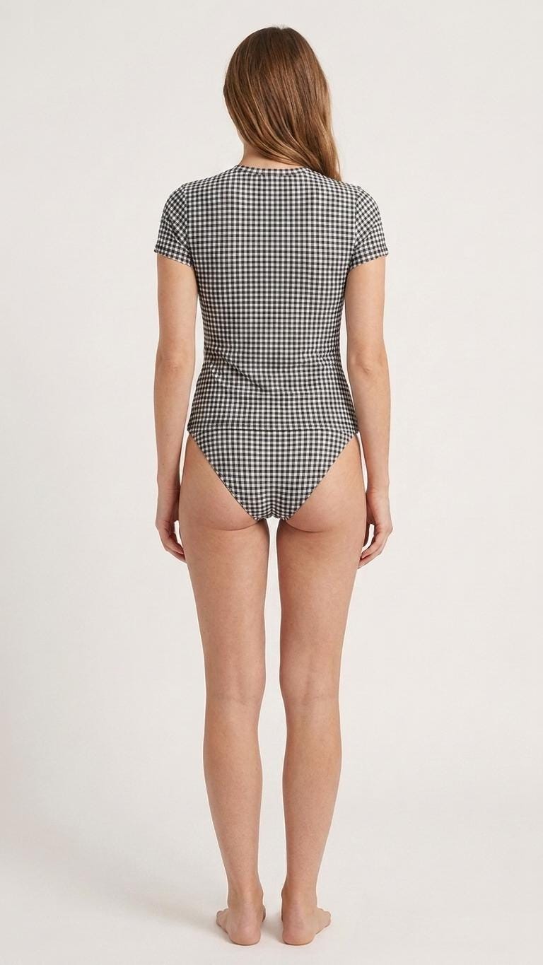 Chic Minimalist Tankini – Stylish Short-Sleeve Rash-Guard Swim-Top & Briefs Swimsuit | Black Gingham