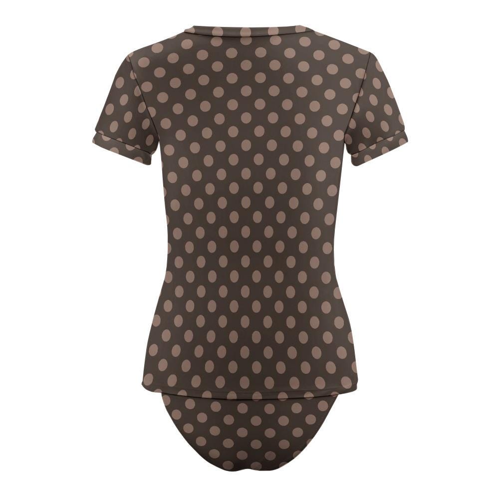 Chic Minimalist Tankini – Stylish Short-Sleeve Rash-Guard Swim-Top & Briefs Swimsuit | Vintage Polka Dot in Brown