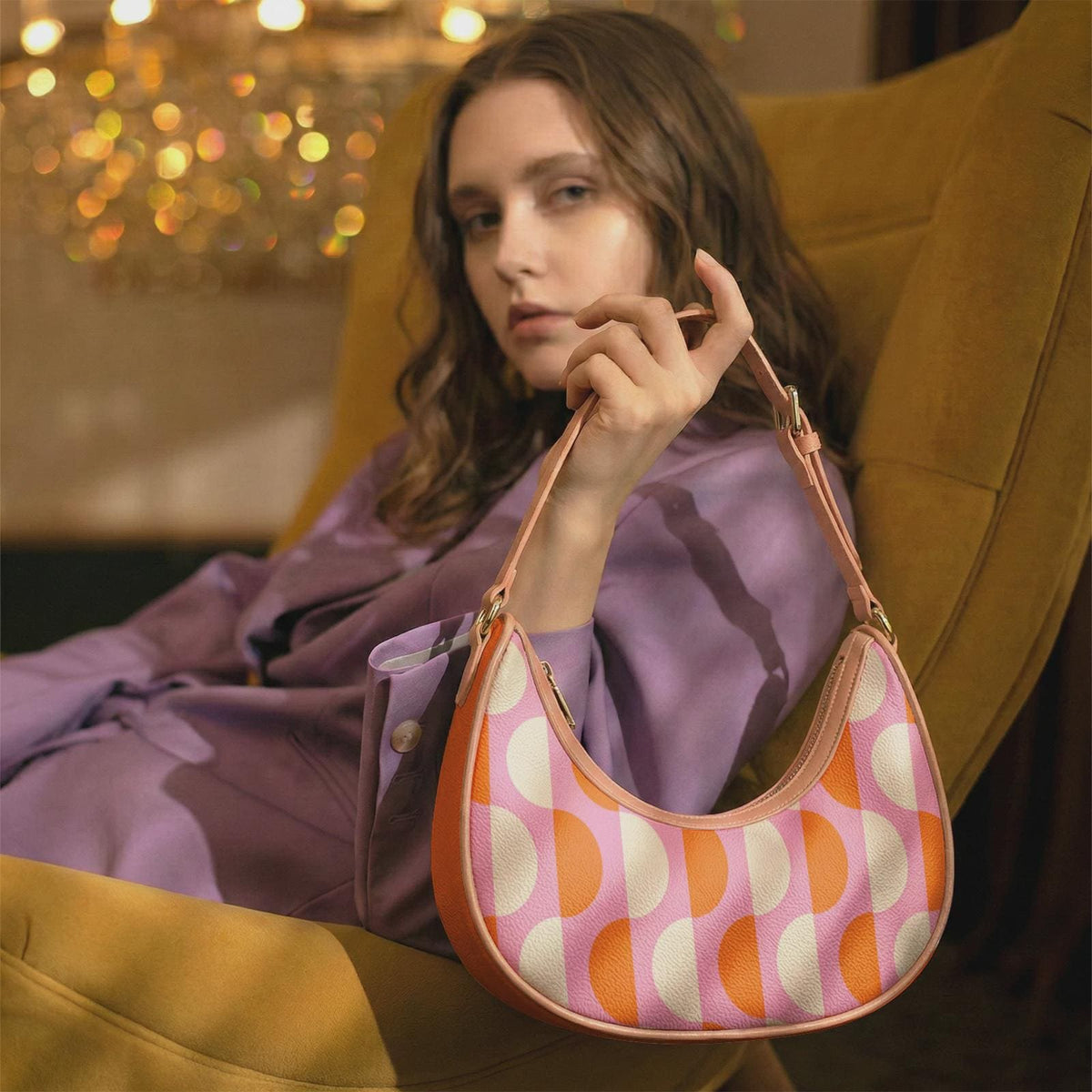 Retro Boho Crescent Underarm Bag - Mid-Century Groovy Pattern - Peach