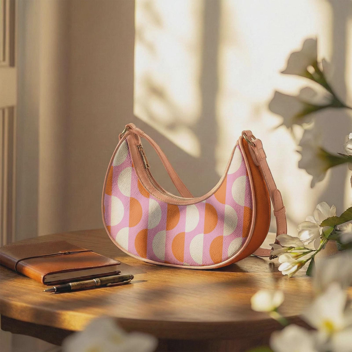 Retro Boho Crescent Underarm Bag - Mid-Century Groovy Pattern - Peach