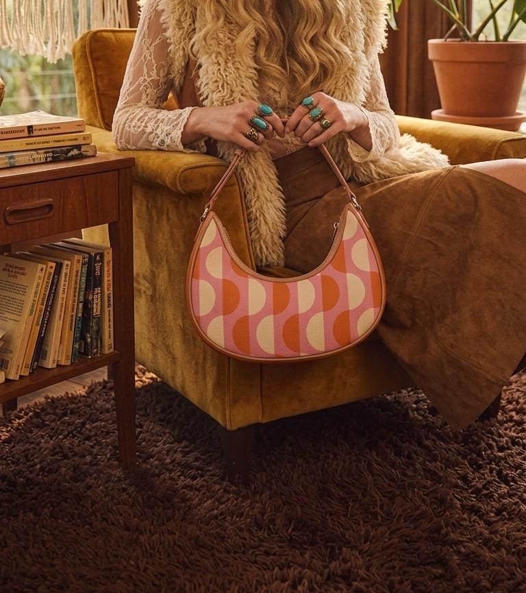 Retro Boho Crescent Underarm Bag - Mid-Century Groovy Pattern - Peach