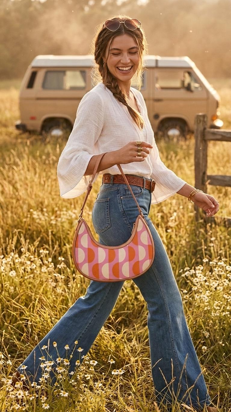 Retro Boho Crescent Underarm Bag - Mid-Century Groovy Pattern - Peach