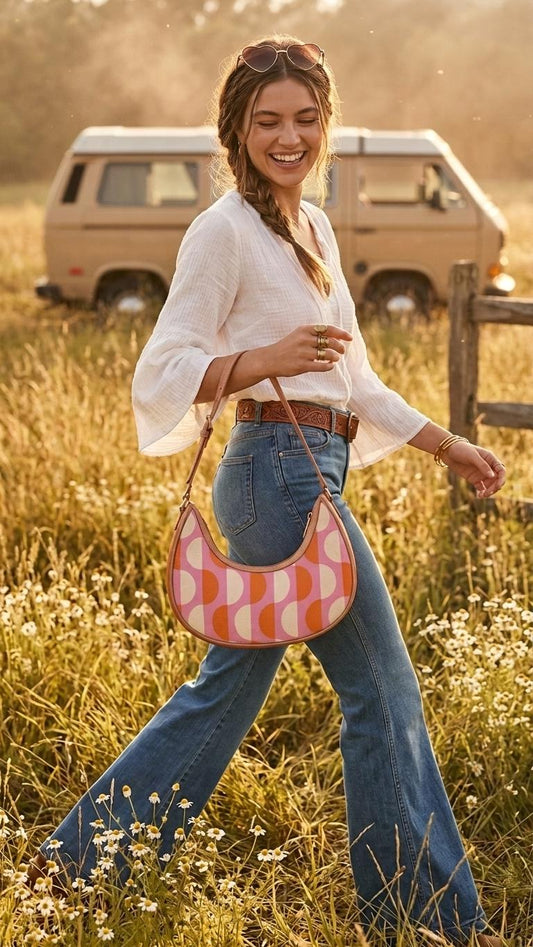 Retro Boho Crescent Underarm Bag - Mid-Century Groovy Pattern - Peach