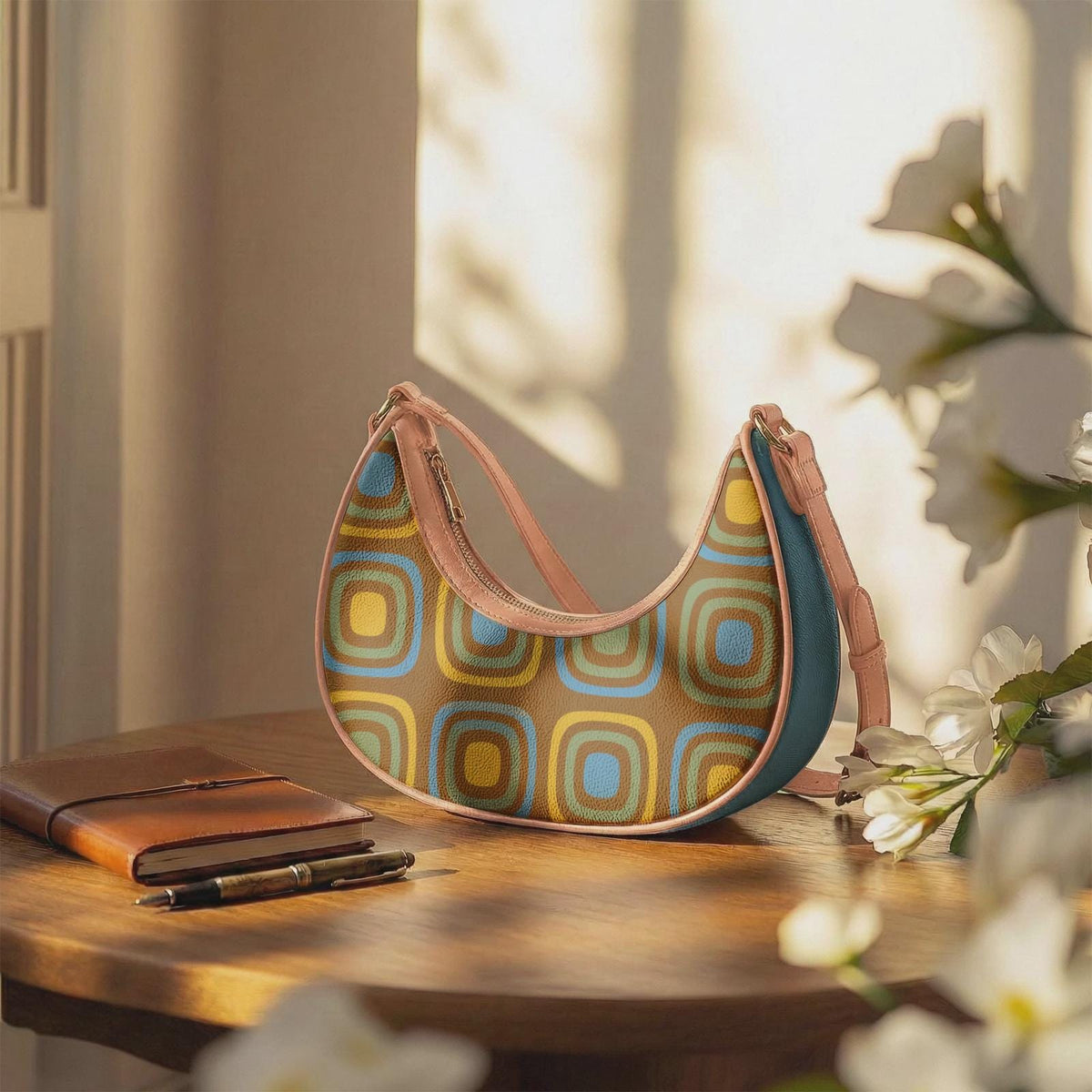 Retro Boho Crescent Underarm Bag - Mid-Century Blobs - Peach or Black Details