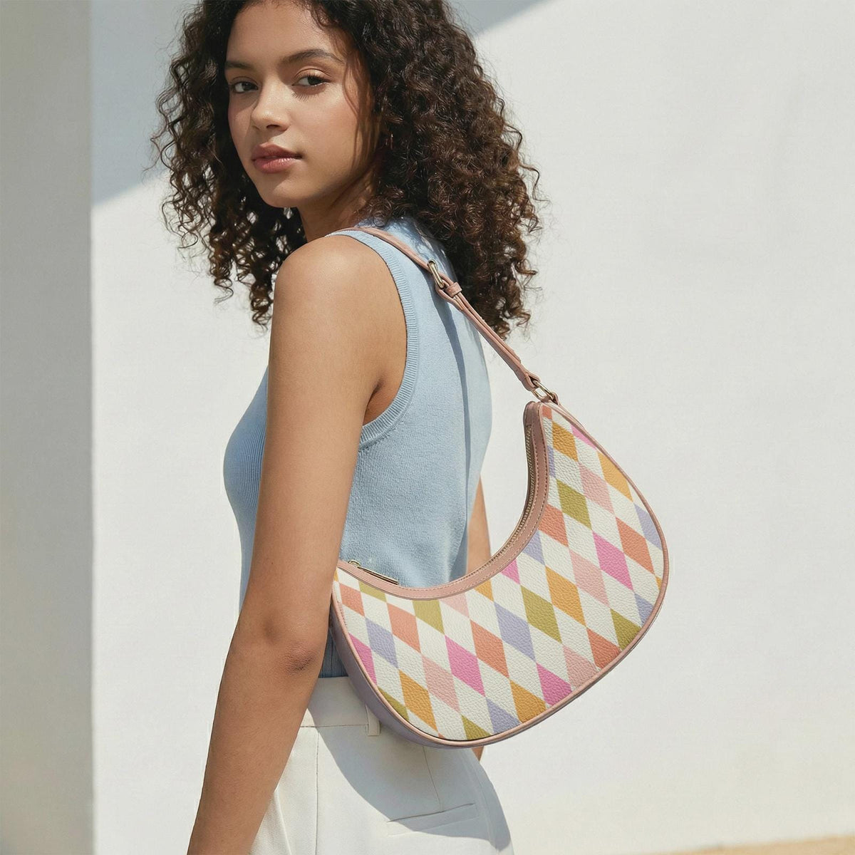 Retro Boho Crescent Underarm Bag - Mid-Century Delicate Argyle - Peach Details