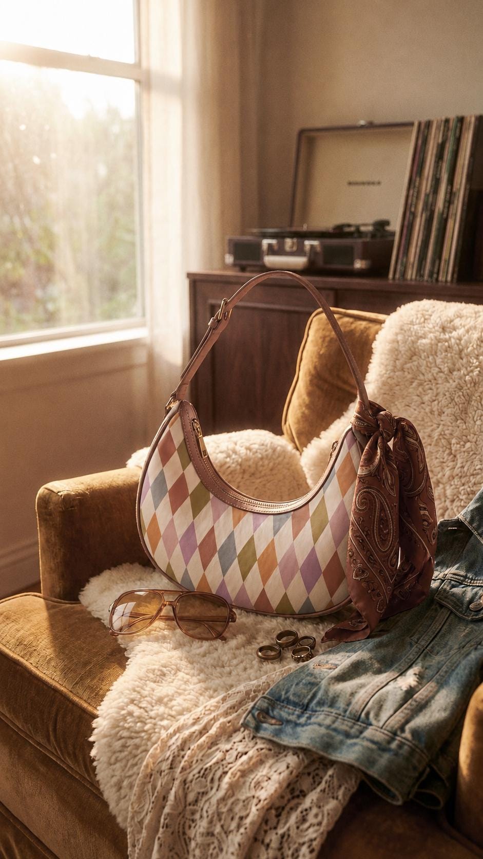 Retro Boho Crescent Underarm Bag - Mid-Century Delicate Argyle - Peach Details