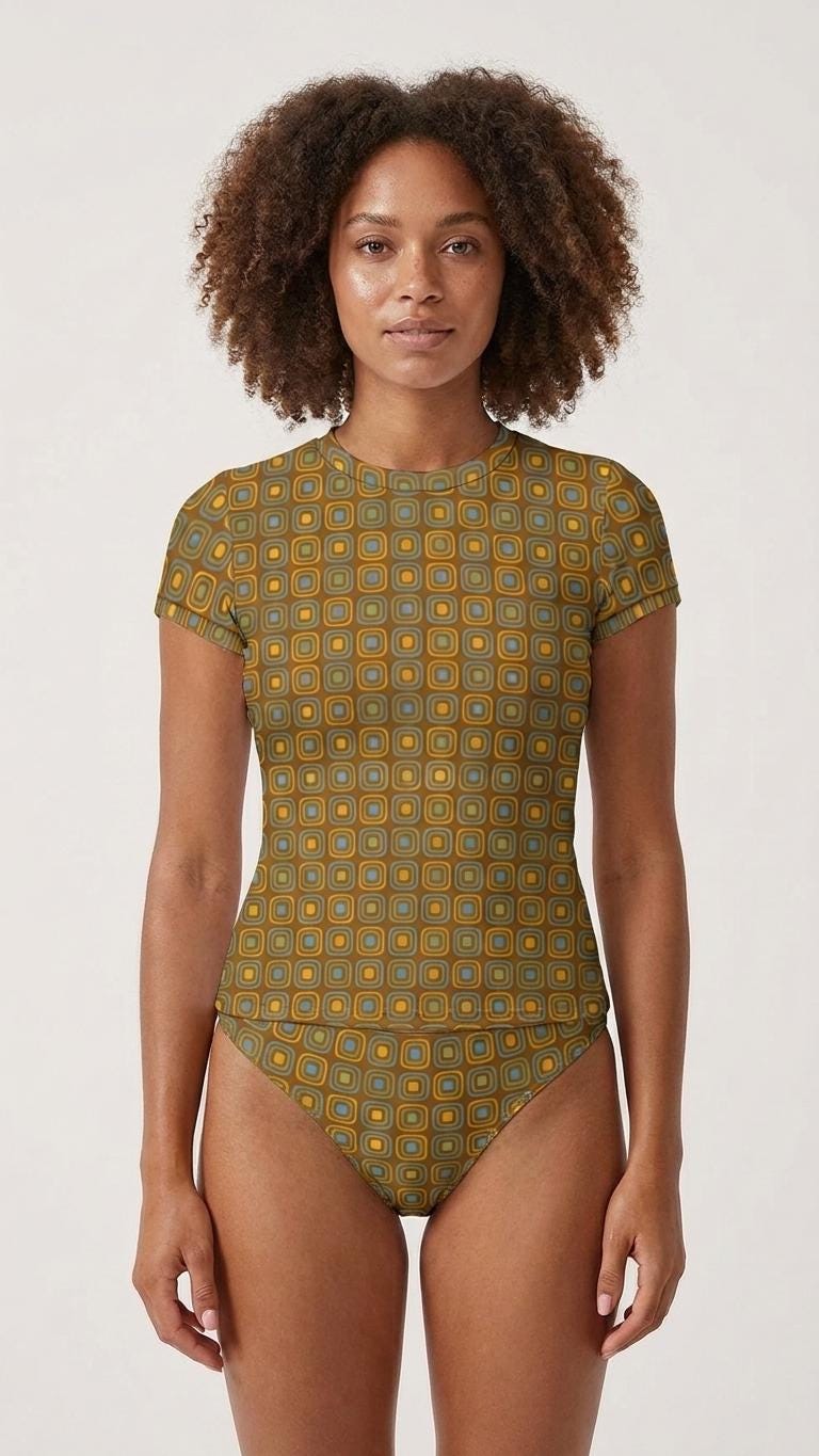 Chic Minimalist Tankini – Stylish Short Sleeve Rash-Guard Swim-Top & Briefs Swimsuit | Retro Mod Blobs