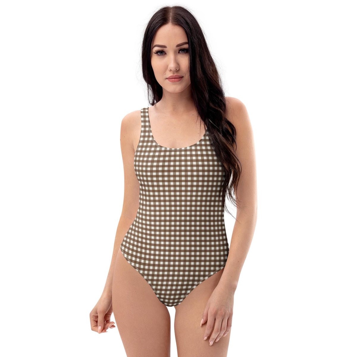 Classic One-Piece Swimsuit – Scoop Back Swimwear, Brown Gingham, S–5XL