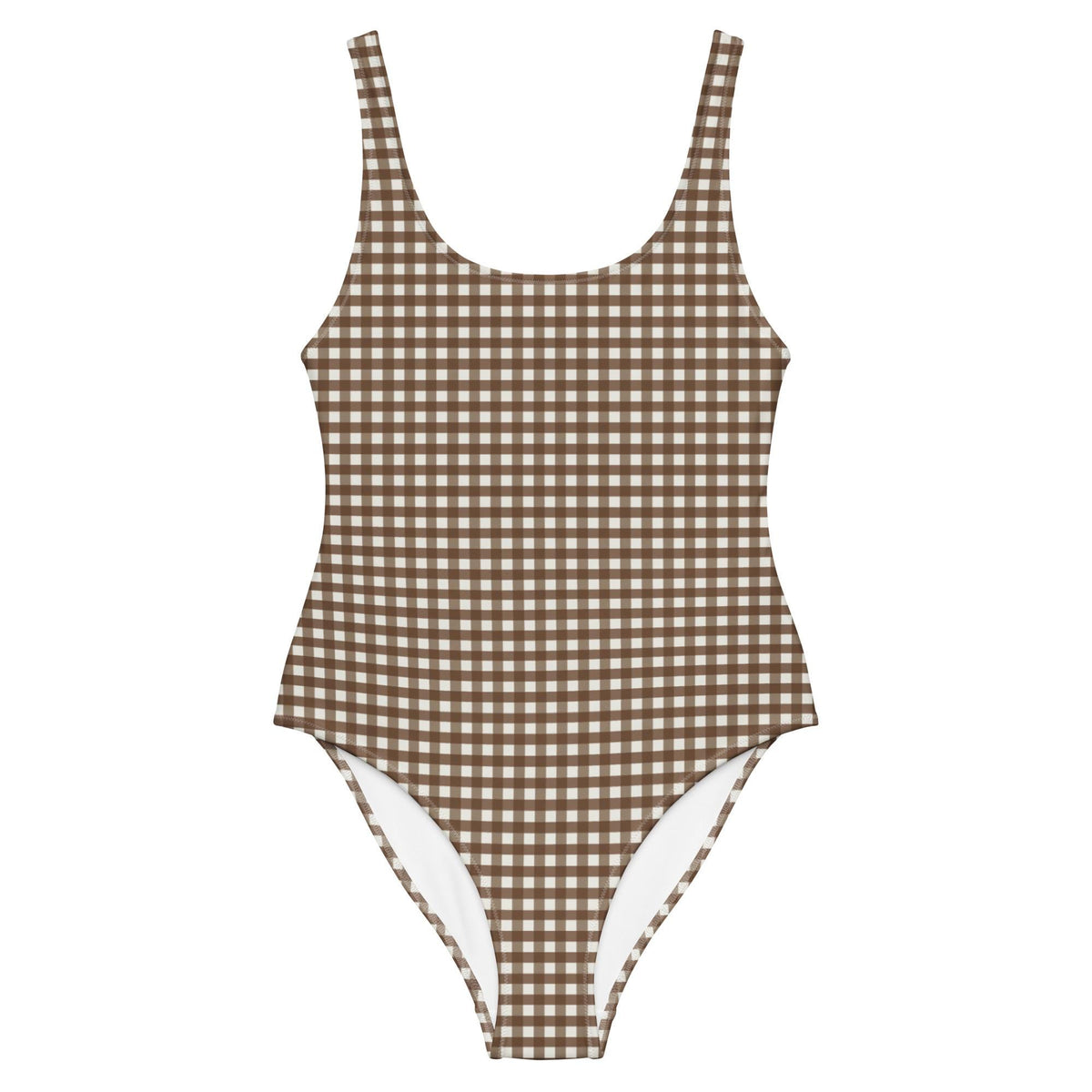 Classic One-Piece Swimsuit – Scoop Back Swimwear, Brown Gingham, S–5XL