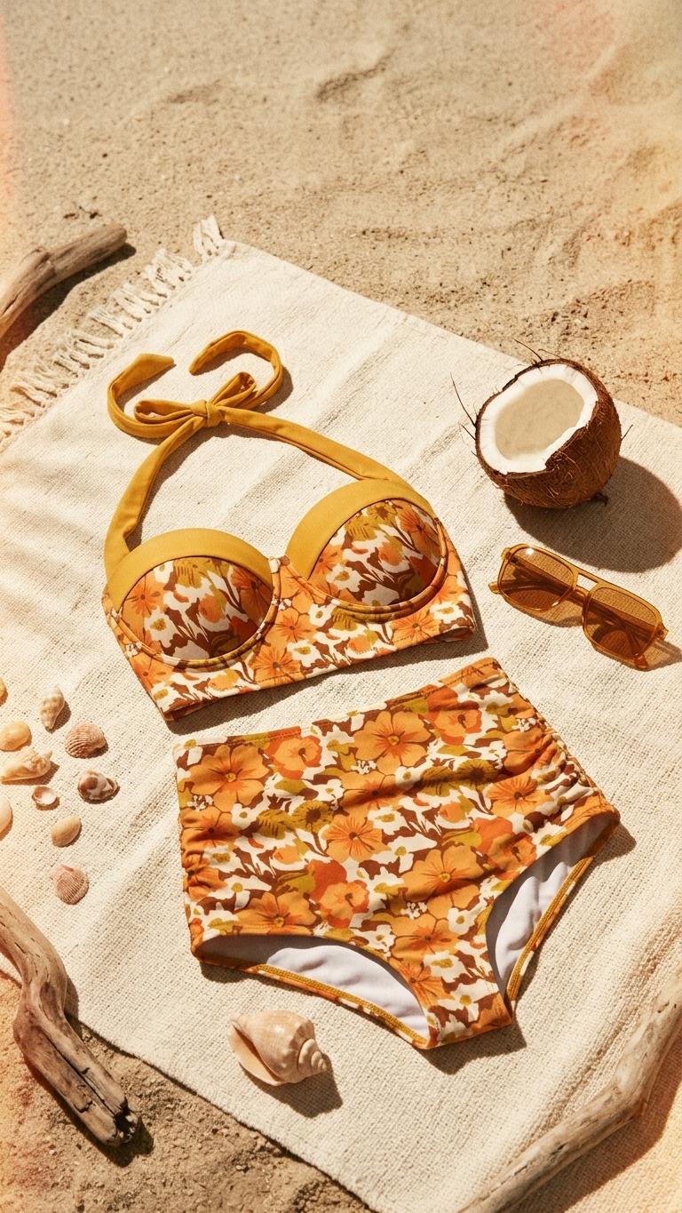 Retro Sweetheart High-Waist Bikini, Floral Pin Up Halter Swimsuit, Hawaii Hibiscus