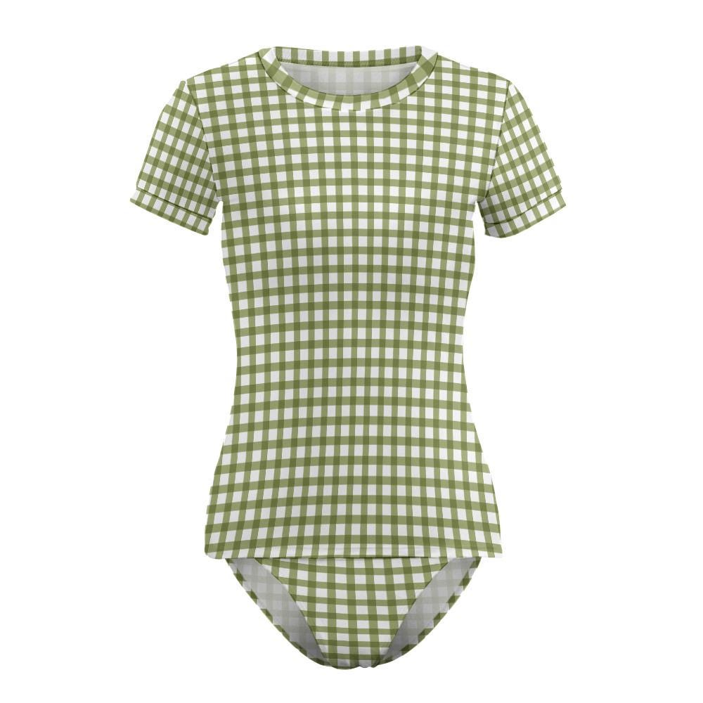 Chic Minimalist Tankini – Stylish Short-Sleeve Rash-Guard Swim-Top & Briefs Swimsuit | Green Gingham