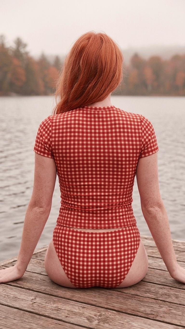 Chic Minimalist Tankini – Stylish Short-Sleeve Rash-Guard Swim-Top & Briefs Swimsuit | Red Gingham