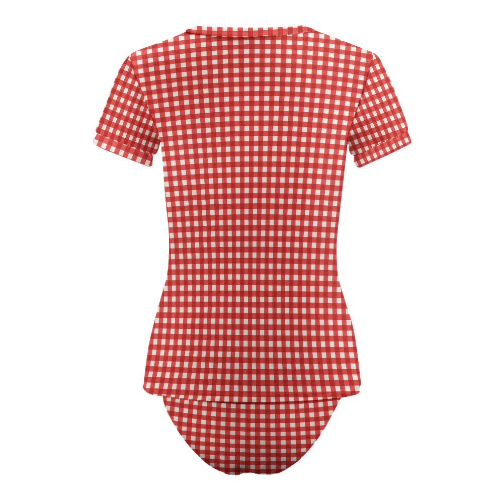 Chic Minimalist Tankini – Stylish Short-Sleeve Rash-Guard Swim-Top & Briefs Swimsuit | Red Gingham