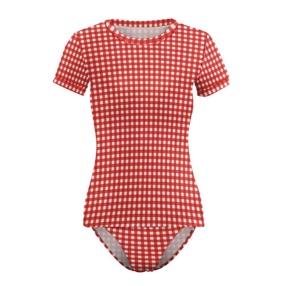 Chic Minimalist Tankini – Stylish Short-Sleeve Rash-Guard Swim-Top & Briefs Swimsuit | Red Gingham