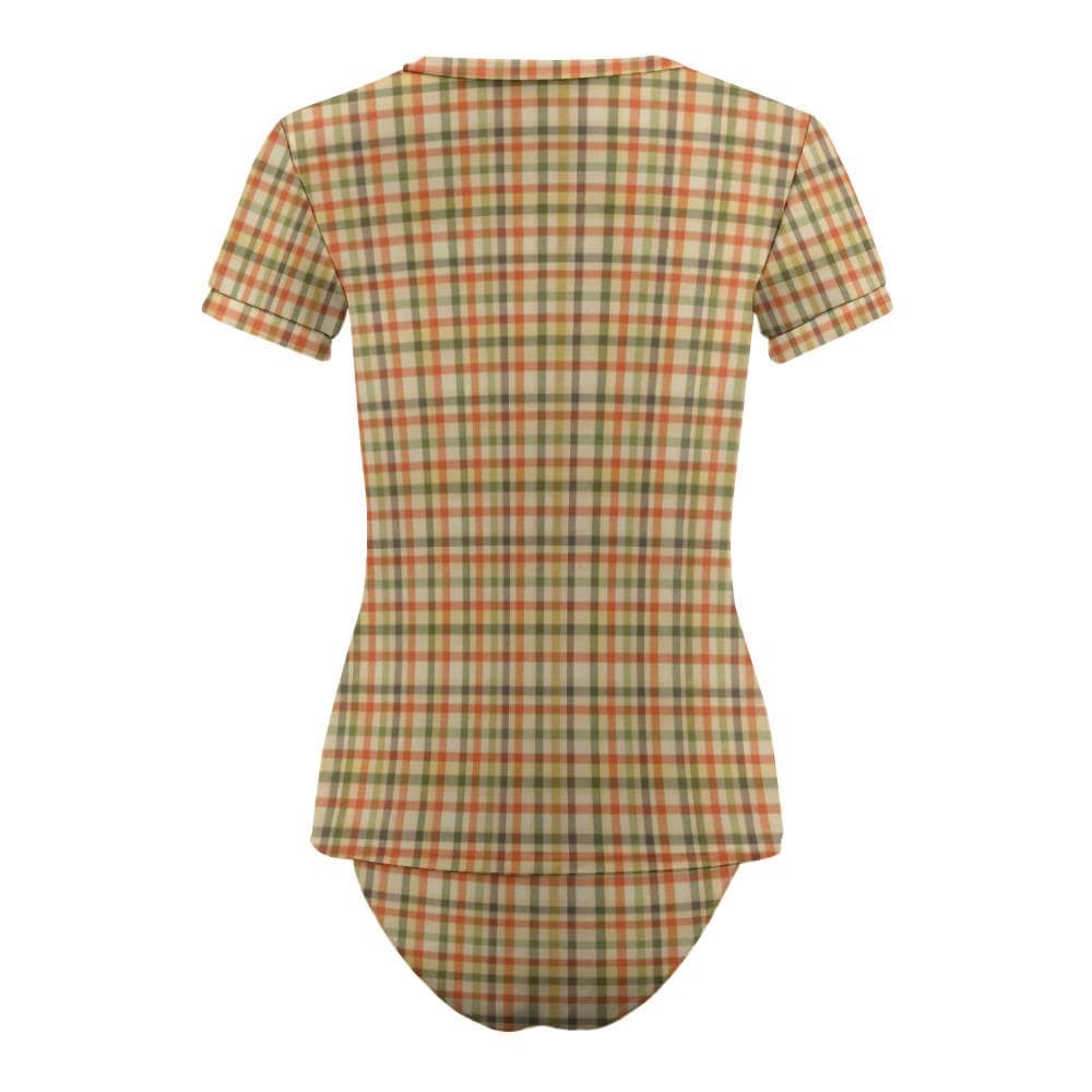 Chic Minimalist Tankini – Stylish Short-Sleeve Rash-Guard Swim-Top & Briefs Swimsuit | Retro Sepia Earthy Plaid