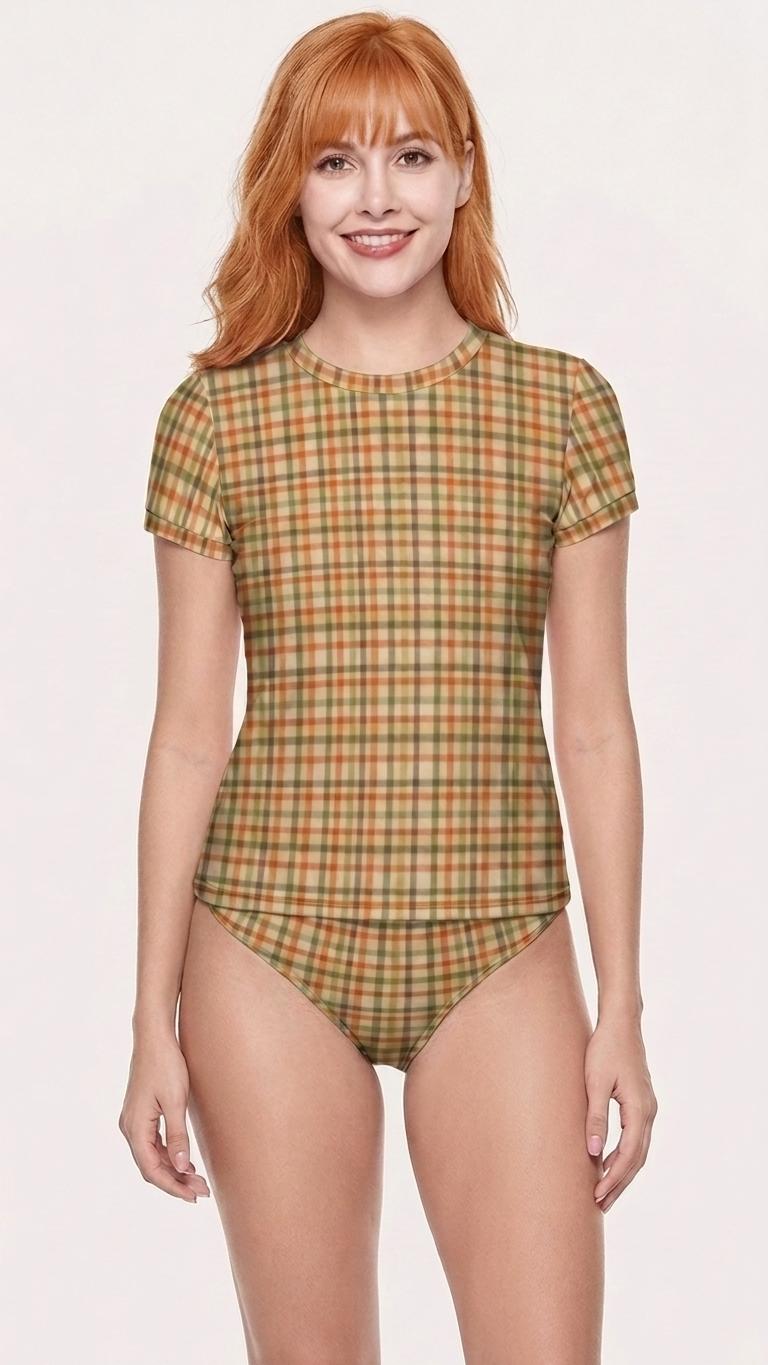 Chic Minimalist Tankini – Stylish Short-Sleeve Rash-Guard Swim-Top & Briefs Swimsuit | Retro Sepia Earthy Plaid