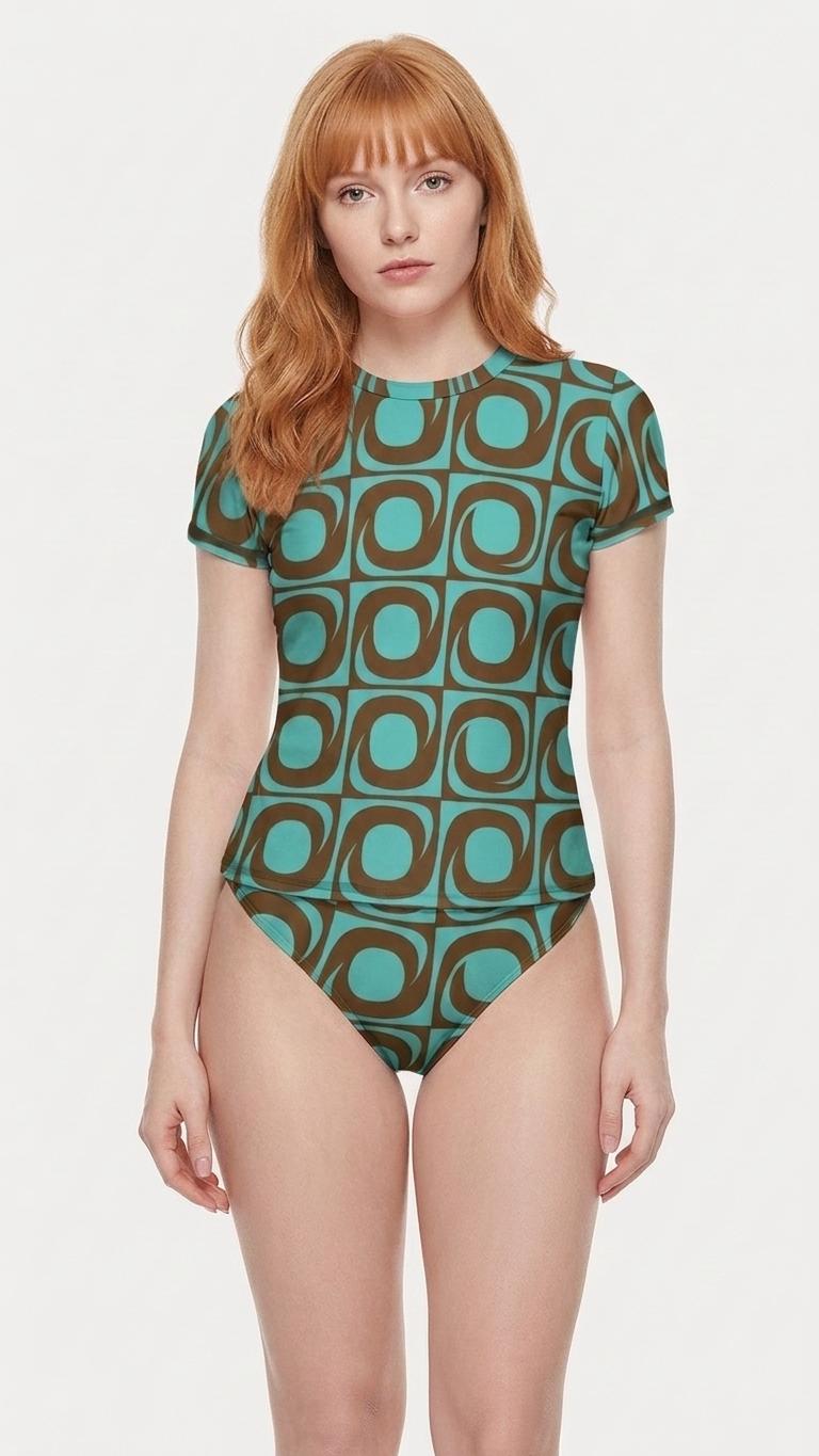 Chic Minimalist Tankini – Stylish Short-Sleeve Rash-Guard Swim-Top & Briefs Swimsuit | Mod Retro Teal and Brown