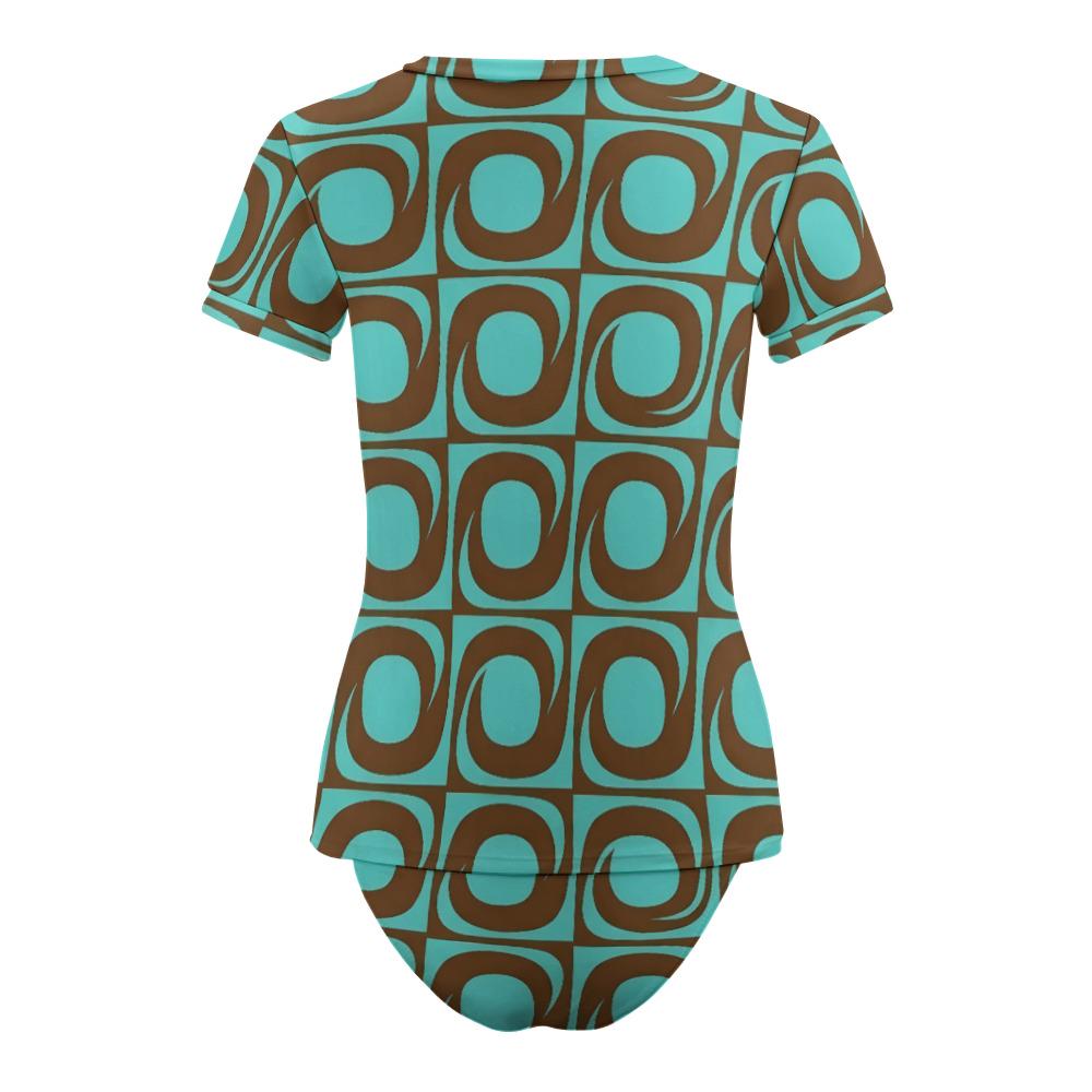 Chic Minimalist Tankini – Stylish Short-Sleeve Rash-Guard Swim-Top & Briefs Swimsuit | Mod Retro Teal and Brown