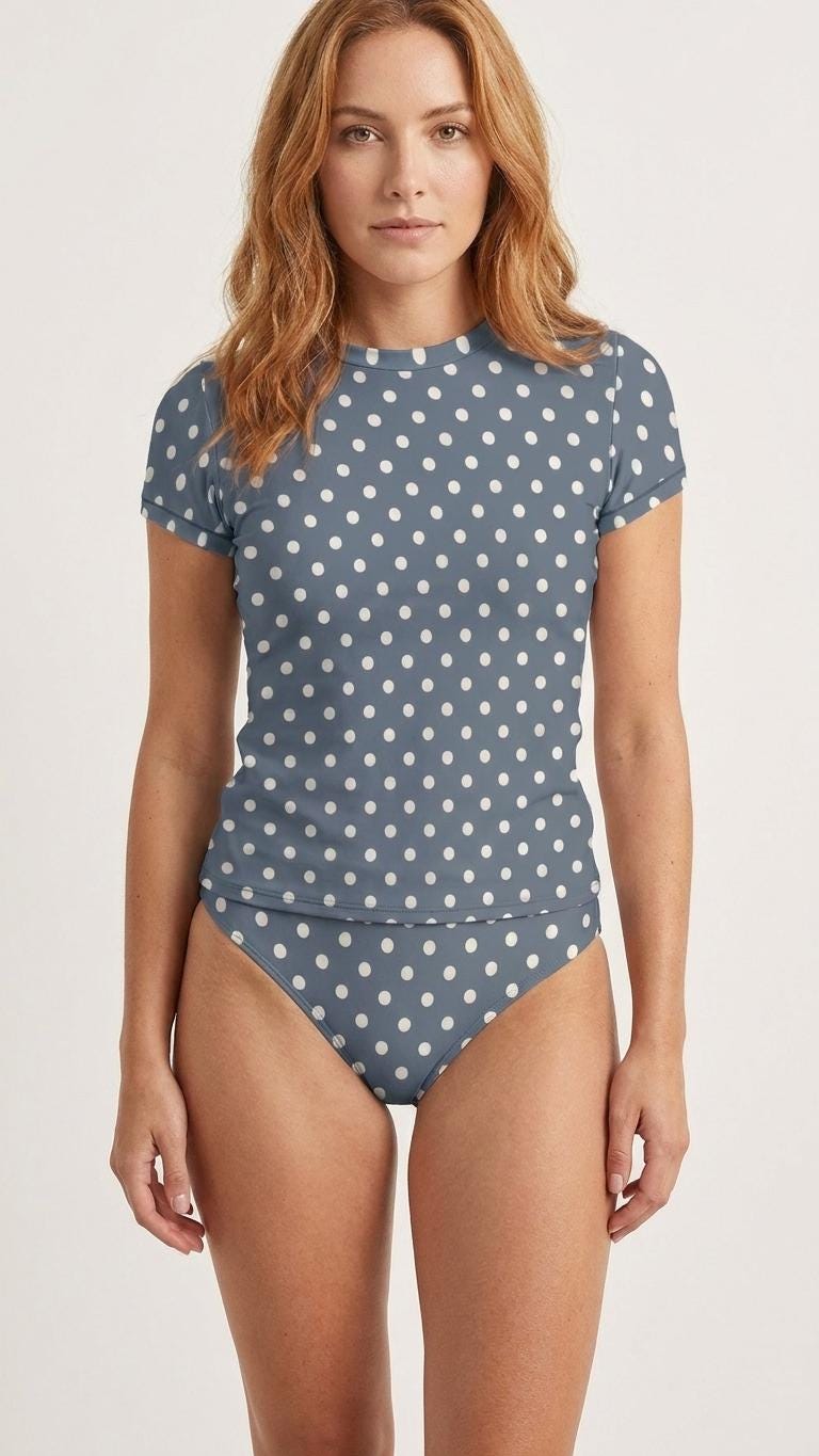 Chic Minimalist Tankini – Stylish Short-Sleeve Rash-Guard Swim-Top & Briefs Swimsuit | Vintage Polka Dot in Blue