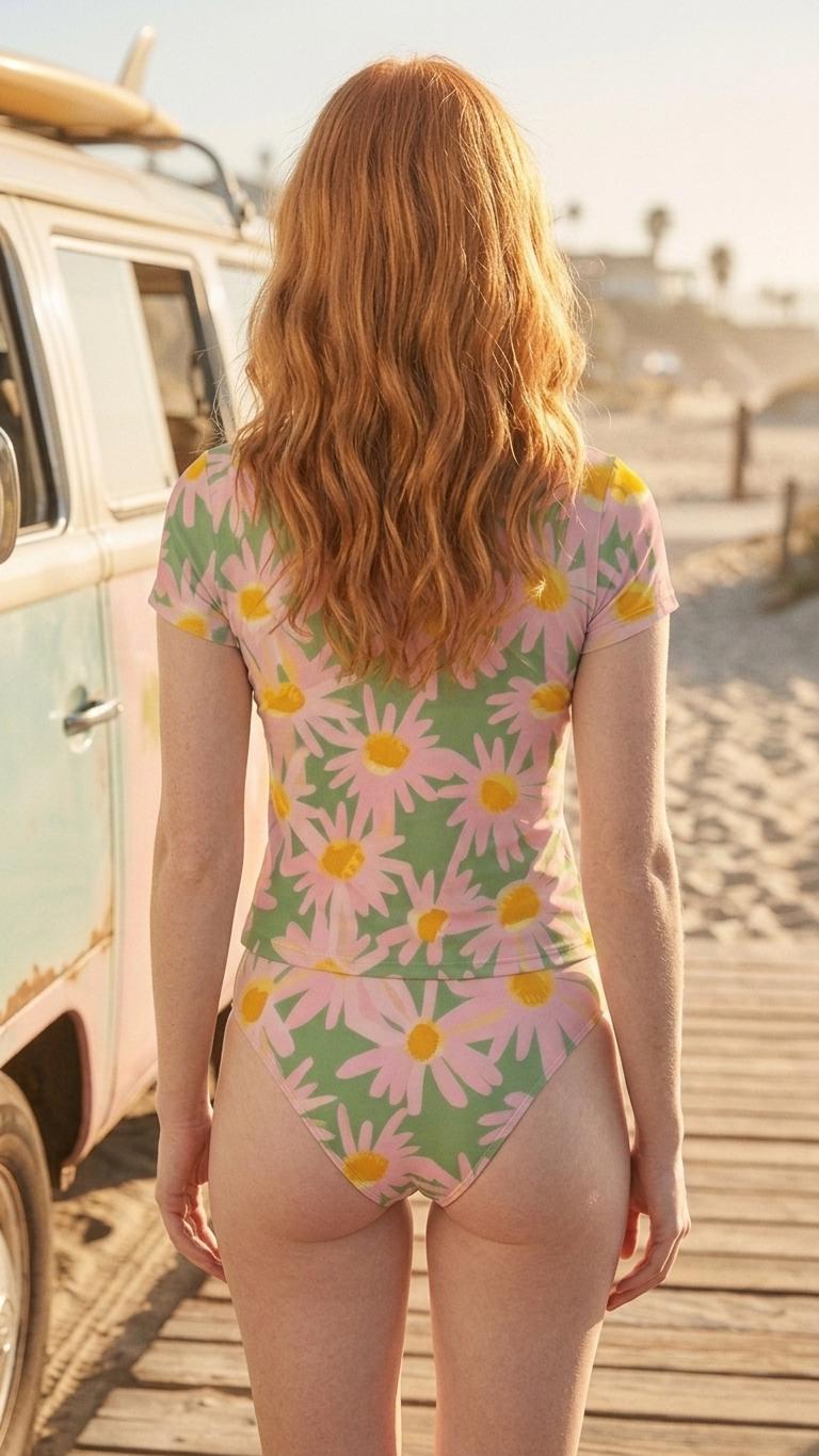 Chic Minimalist Tankini – Stylish Short Sleeve Rash-Guard Swim-Top & Briefs Swimsuit | Retro Daisies