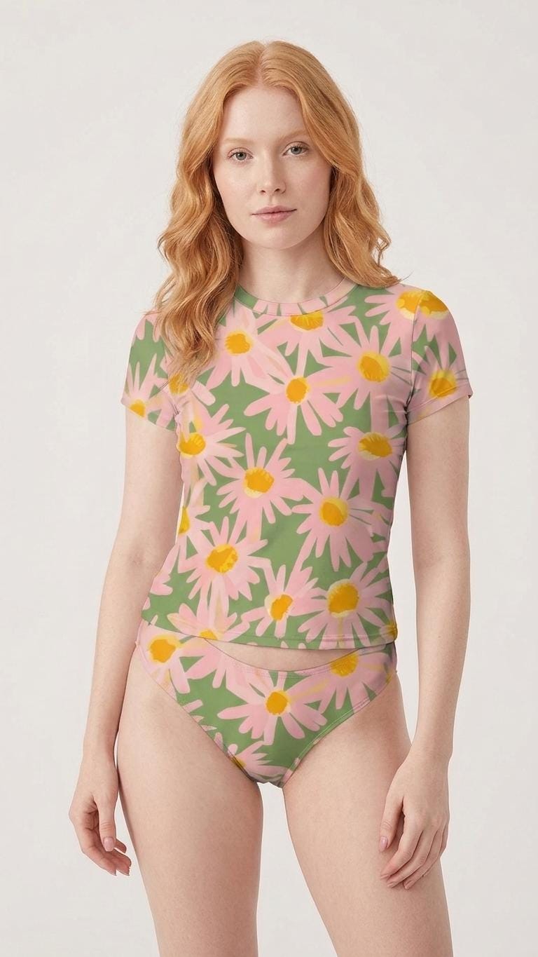 Chic Minimalist Tankini – Stylish Short Sleeve Rash-Guard Swim-Top & Briefs Swimsuit | Retro Daisies