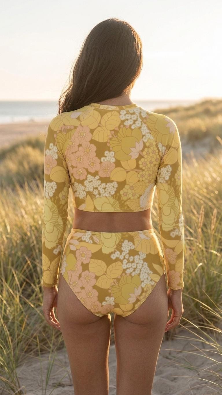 Retro Pale Yellow Florals, Two-Piece Swimsuit, Long Sleeve Crop Rash Guard