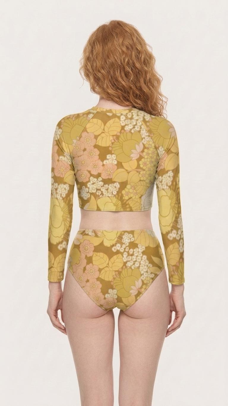 Retro Pale Yellow Florals, Two-Piece Swimsuit, Long Sleeve Crop Rash Guard