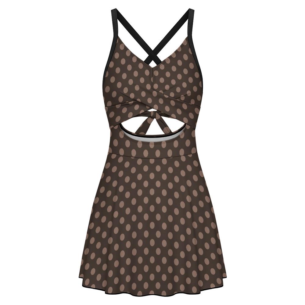 Skirted One-Piece Swimsuit with Cut-Out Detail | Integrated Bottoms | Brown Polka Dot