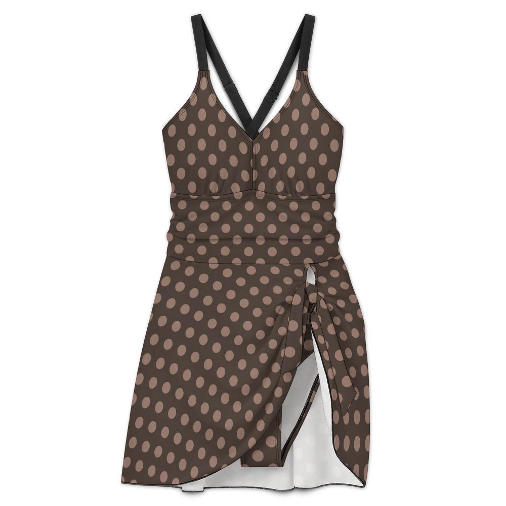 Retro Swim Dress, Integrated Bottoms & Adjustable Straps, Vintage-Inspired Modest One-Piece Romper, Brown Polka Dot