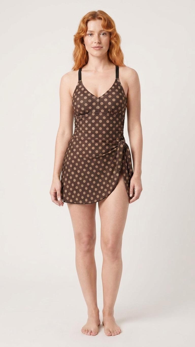 Retro Swim Dress, Integrated Bottoms & Adjustable Straps, Vintage-Inspired Modest One-Piece Romper, Brown Polka Dot