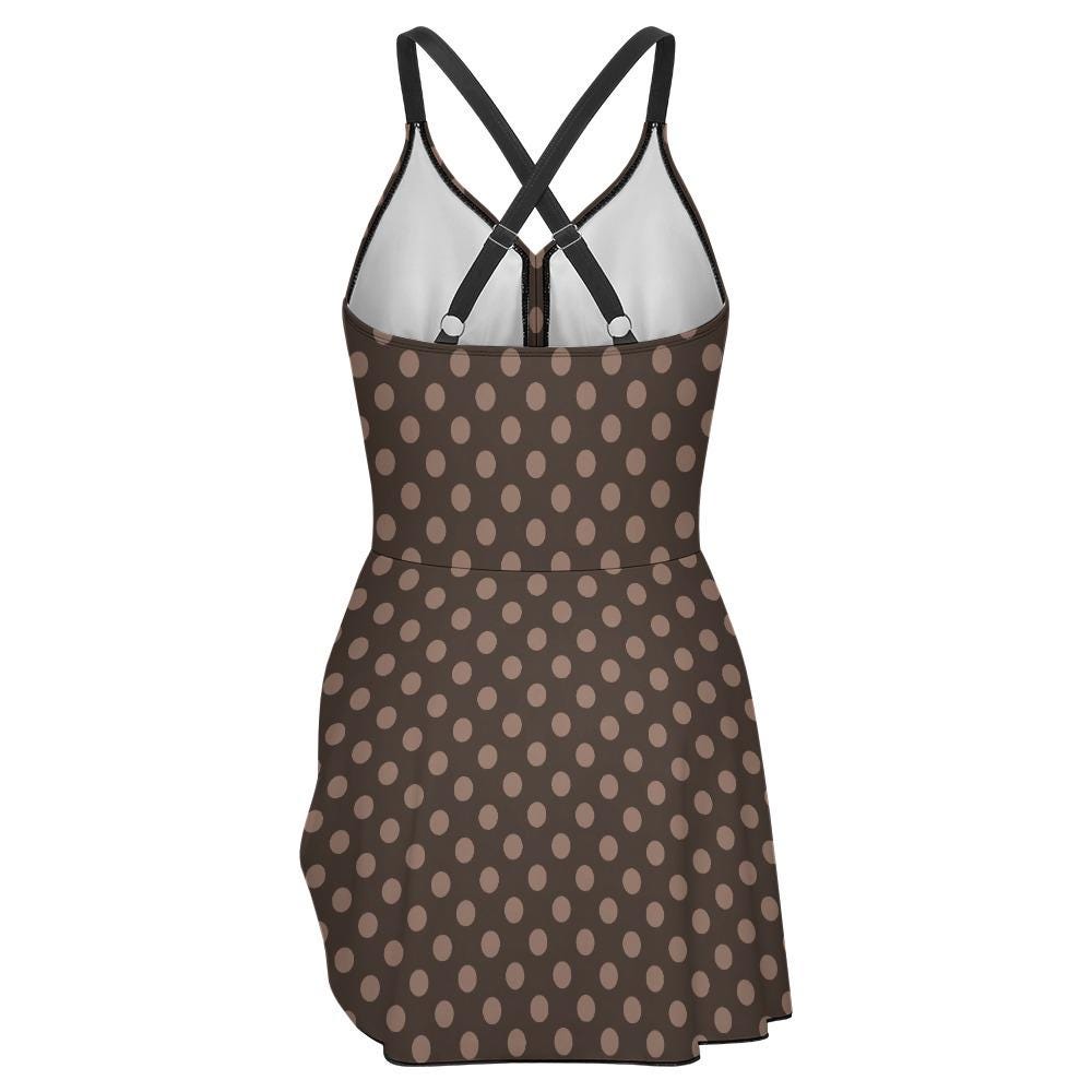 Retro Swim Dress, Integrated Bottoms & Adjustable Straps, Vintage-Inspired Modest One-Piece Romper, Brown Polka Dot