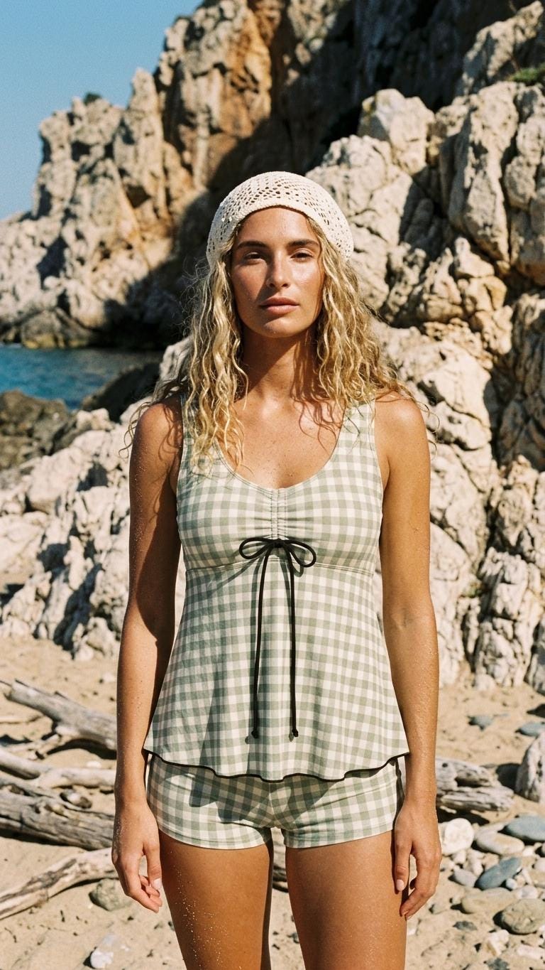 Drawstring Tankini Two-Piece Swimsuit with Boyshort Bottoms, Sage Green Gingham