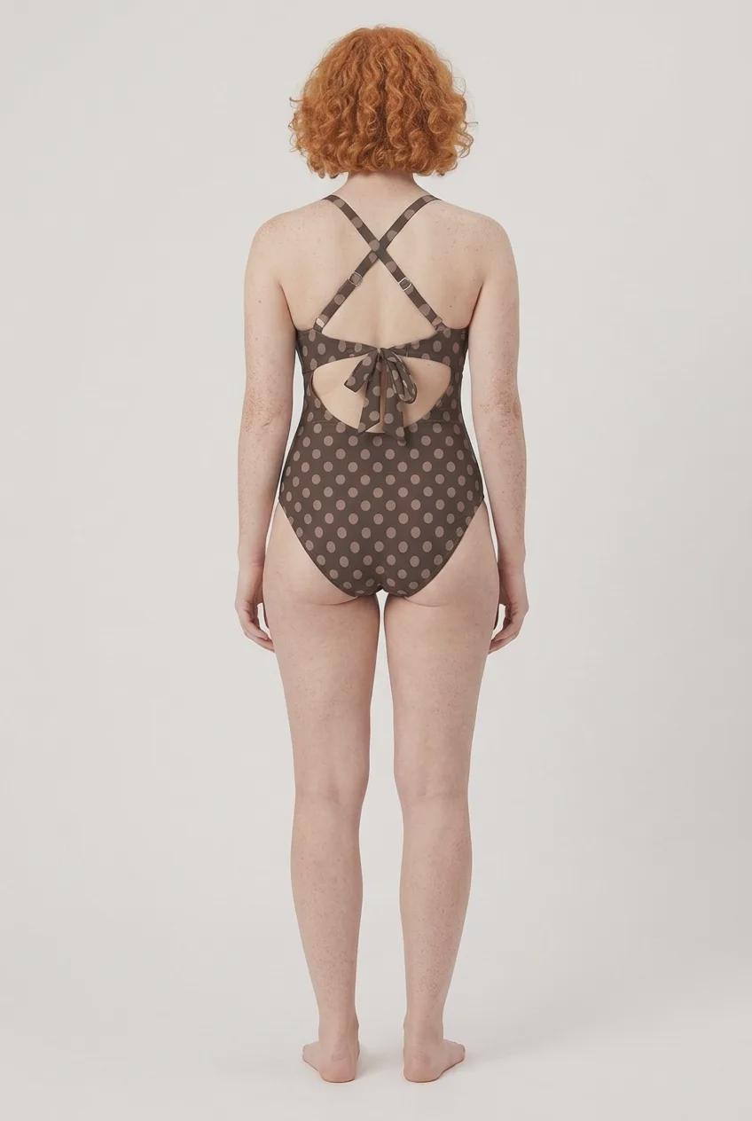 Brown Polka Dot Cut-Out One-Piece Swimsuit, Lace-Up Back & Ruching, Pin-Up Vibes
