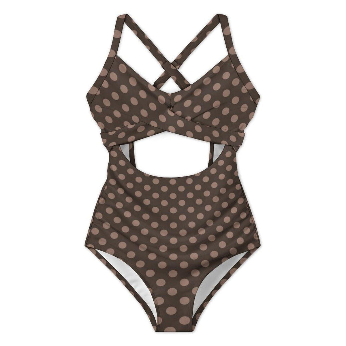 Brown Polka Dot Cut-Out One-Piece Swimsuit, Lace-Up Back & Ruching, Pin-Up Vibes