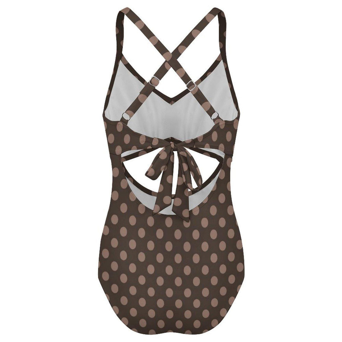 Brown Polka Dot Cut-Out One-Piece Swimsuit, Lace-Up Back & Ruching, Pin-Up Vibes