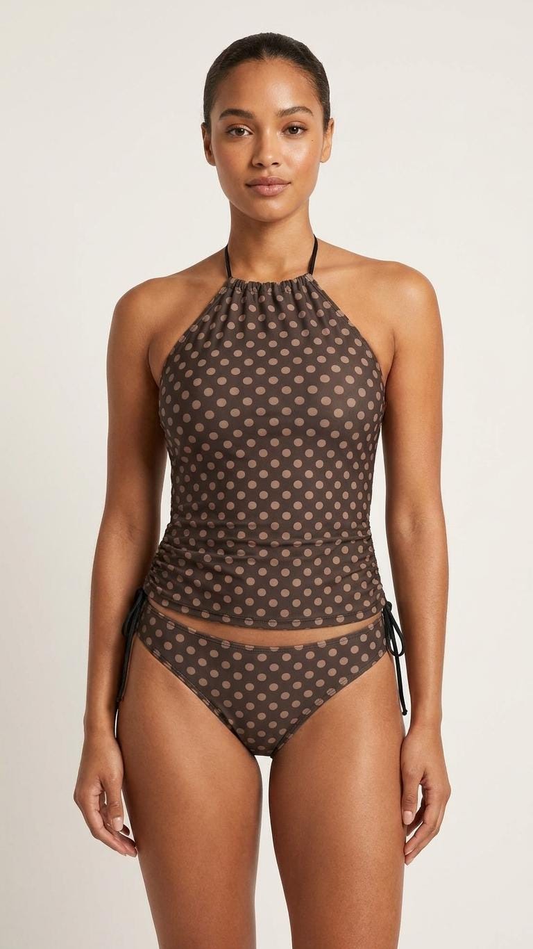 Retro Brown Polka Dot Tankini: 1960s Halter Swimsuit with Drawstrings