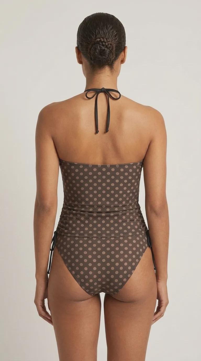 Retro Brown Polka Dot Tankini: 1960s Halter Swimsuit with Drawstrings