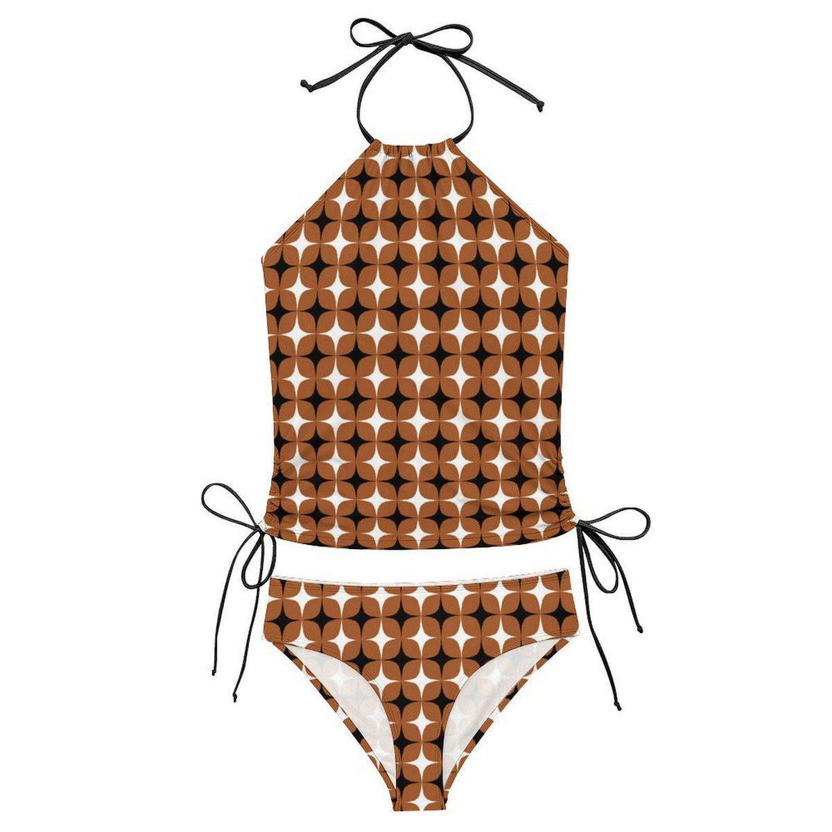 Retro Brown Mod-Style Tankini: 1960s Halter Swimsuit with Drawstrings